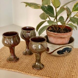 Set of 3 vintage hand thrown pottery wine goblets